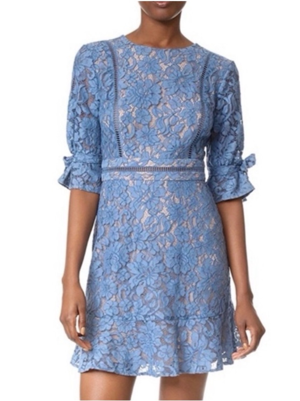 NEW WAYF Rene Tie Sleeve Open Back Lace Mini Dress Heather Blue Size S